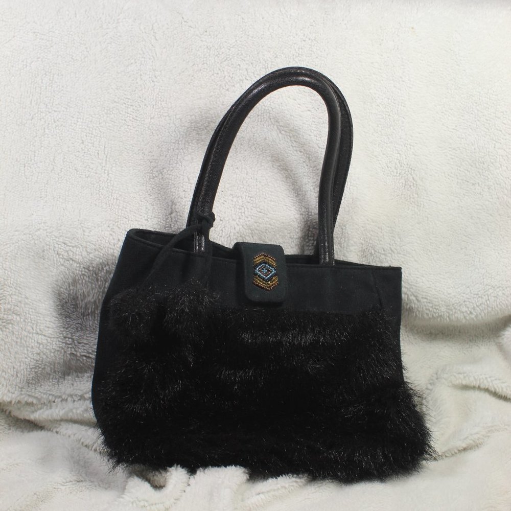 Adorable Faux Fur Handbag with Pom Pom Accents